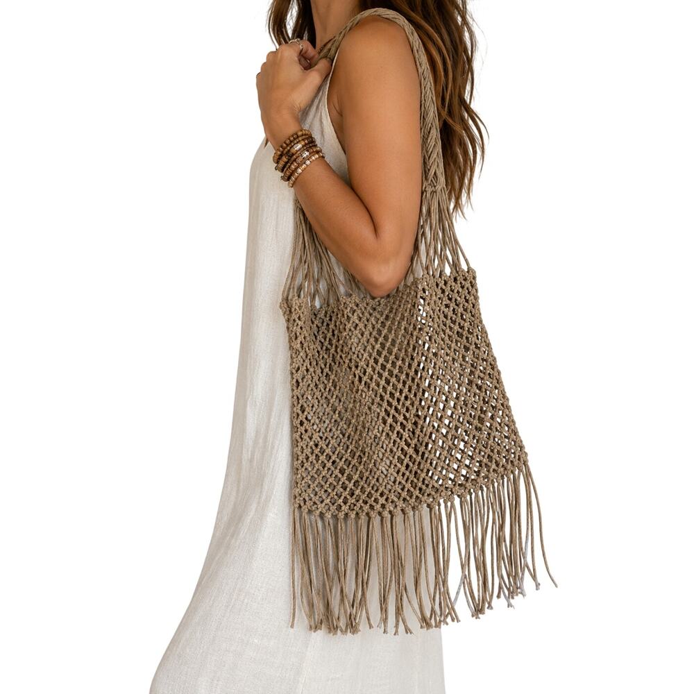 Boho Macrame Fringe Woven Net Shoulder Bag Neutral Gold Sparkle Festival Beach